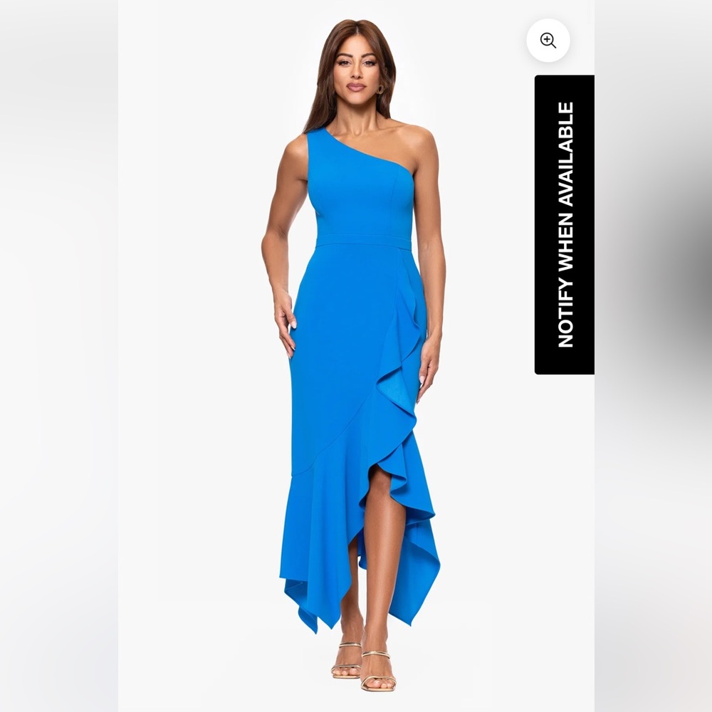 NWT - XSCAPE SARI LONG ONE SHOULDER RUFFLE DRESS